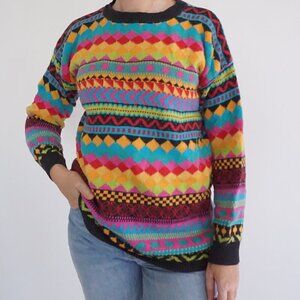 Vintage Capezio Multicolor Knit Geometric Cotton Blend Crewneck Sweater M